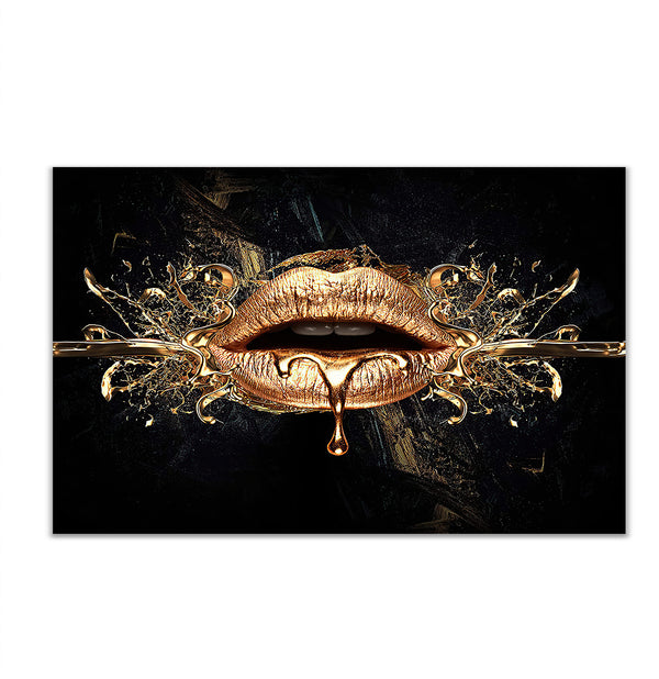 Canvas Fashion Wall Art, Gold Lips & Black Background, Glam Wall Poster