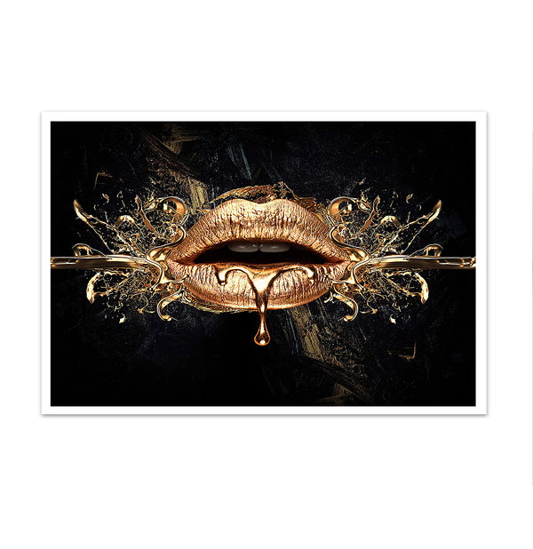 Canvas Fashion Wall Art, Gold Lips & Black Background, Glam Wall Poster