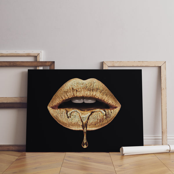 Canvas Fashion Wall Art, Golden Liquid Lips, Glam Wall Poster