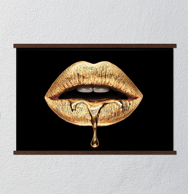 Canvas Fashion Wall Art, Golden Liquid Lips, Glam Wall Poster