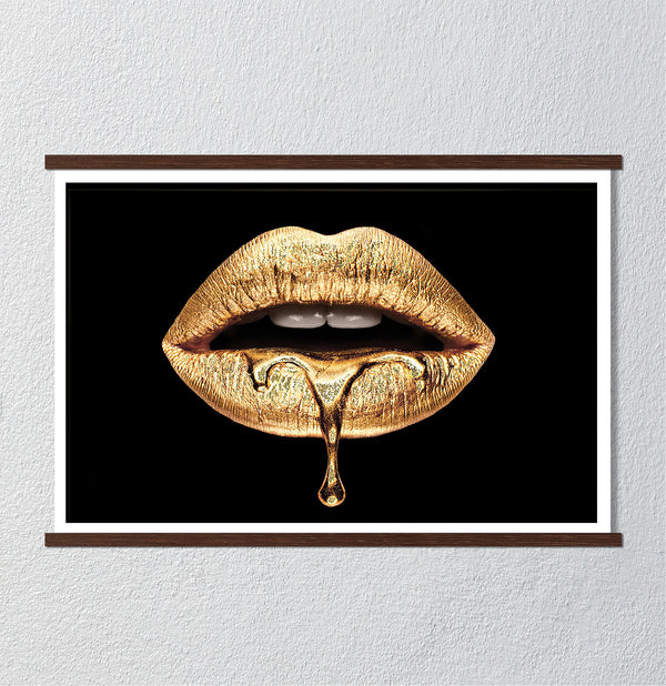 Canvas Fashion Wall Art, Golden Liquid Lips, Glam Wall Poster