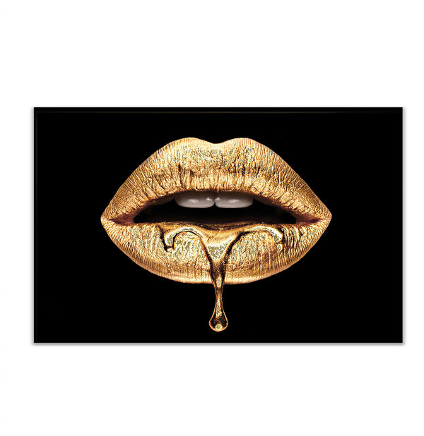 Canvas Fashion Wall Art, Golden Liquid Lips, Glam Wall Poster