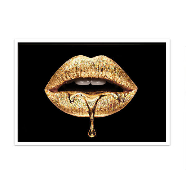 Canvas Fashion Wall Art, Golden Liquid Lips, Glam Wall Poster