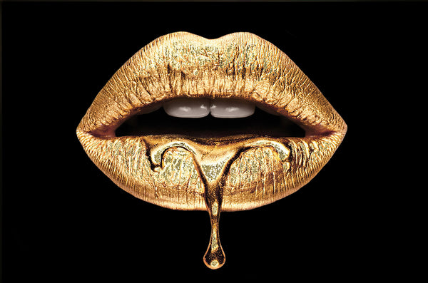 Canvas Fashion Wall Art, Golden Liquid Lips, Glam Wall Poster