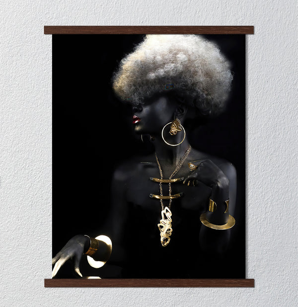 Canvas Fashion Wall Art, African Girl Gold Glitter Woman, Glam Wall Poster