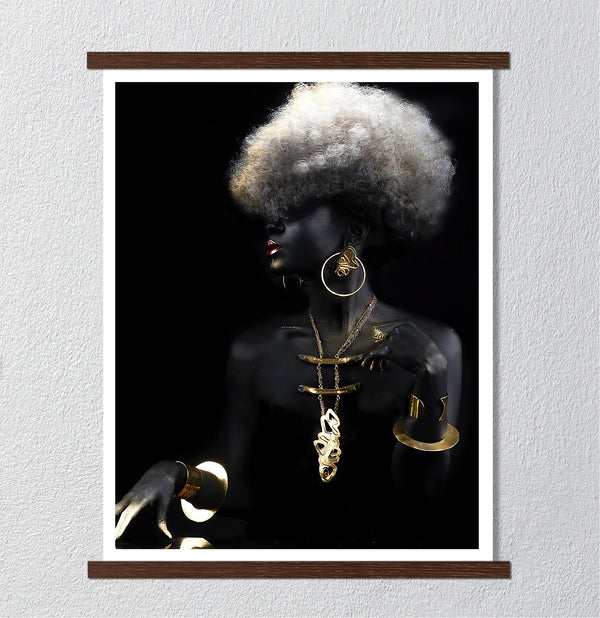 Canvas Fashion Wall Art, African Girl Gold Glitter Woman, Glam Wall Poster