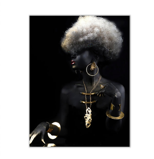 Canvas Fashion Wall Art, African Girl Gold Glitter Woman, Glam Wall Poster