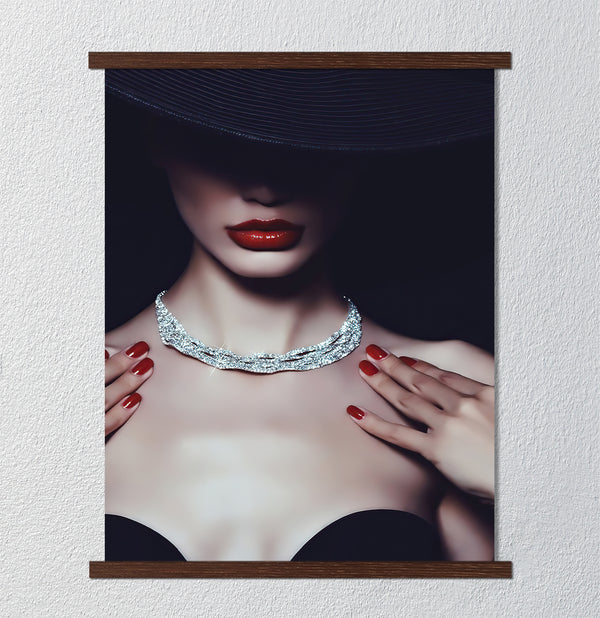 Canvas Fashion Wall Art, Mysterious Lady with Red Lips, Glam Wall Poster