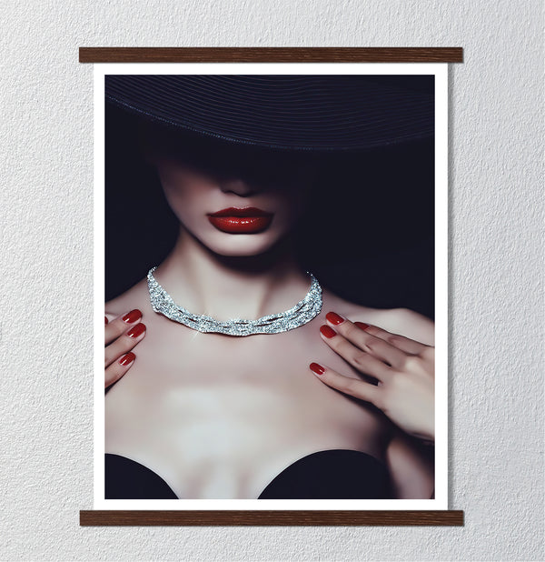 Canvas Fashion Wall Art, Mysterious Lady with Red Lips, Glam Wall Poster