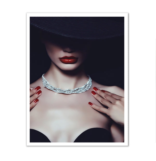 Canvas Fashion Wall Art, Mysterious Lady with Red Lips, Glam Wall Poster