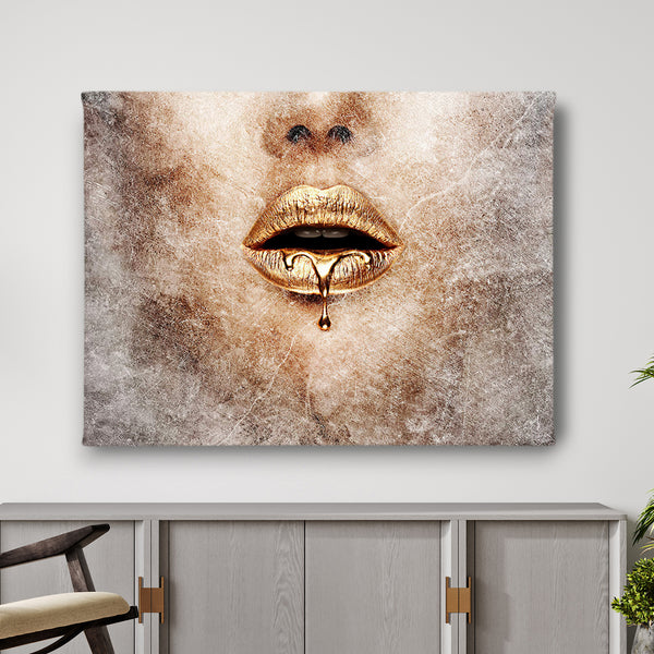 Canvas Fashion Wall Art -  Gold Lips and Abstract Background