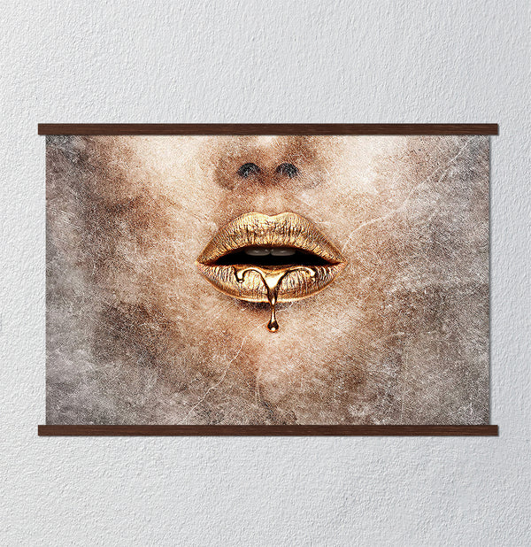 Canvas Fashion Wall Art, Gold Lips and Abstract Background, Glam Wall Poster