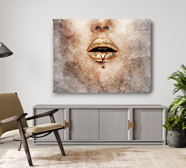 Canvas Fashion Wall Art, Gold Lips and Abstract Background, Glam Wall Poster