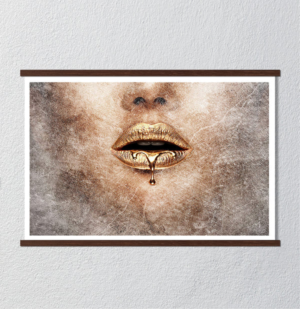 Canvas Fashion Wall Art, Gold Lips and Abstract Background, Glam Wall Poster