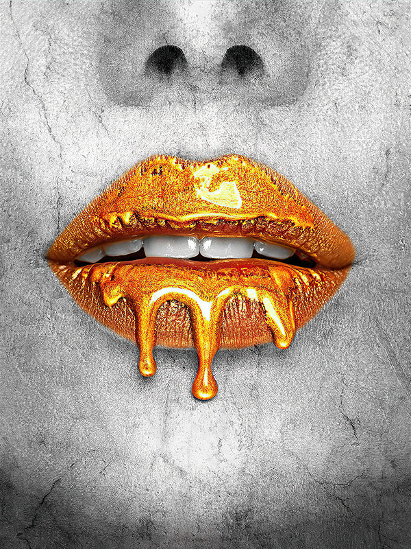 Canvas Fashion Wall Art, Golden Lips and Grey Woman Face, Glam Wall Poster