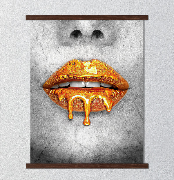 Canvas Fashion Wall Art, Golden Lips and Grey Woman Face, Glam Wall Poster