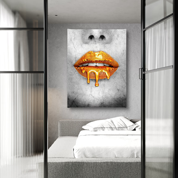 Canvas Fashion Wall Art, Golden Lips and Grey Woman Face, Glam Wall Poster