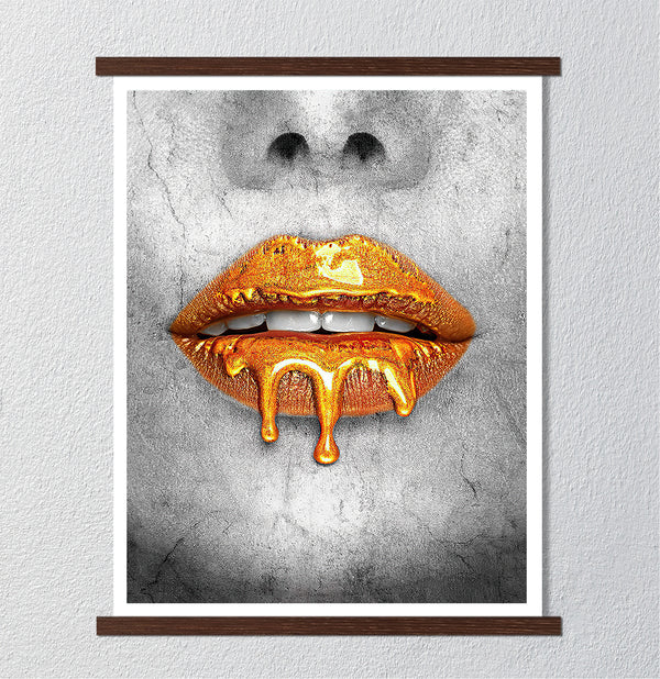 Canvas Fashion Wall Art, Golden Lips and Grey Woman Face, Glam Wall Poster