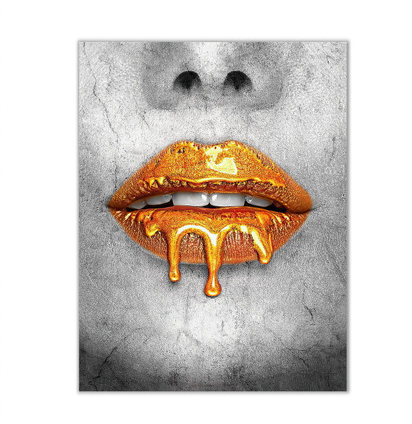 Canvas Fashion Wall Art, Golden Lips and Grey Woman Face, Glam Wall Poster