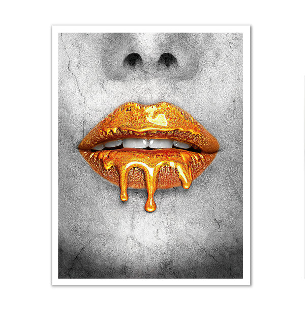 Canvas Fashion Wall Art, Golden Lips and Grey Woman Face, Glam Wall Poster