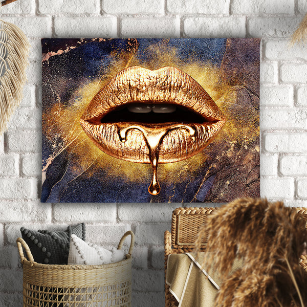 Canvas Fashion Wall Art, Golden Lips and Marble Background, Glam Wall Poster