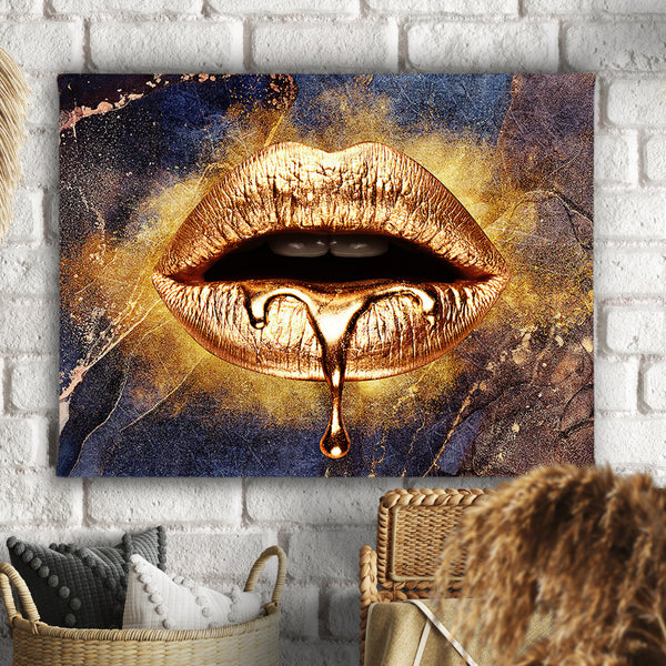 Canvas Fashion Wall Art -  Golden Lips and Marble Background