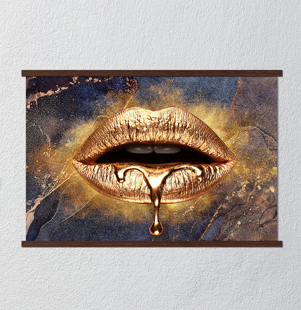 Canvas Fashion Wall Art, Golden Lips and Marble Background, Glam Wall Poster