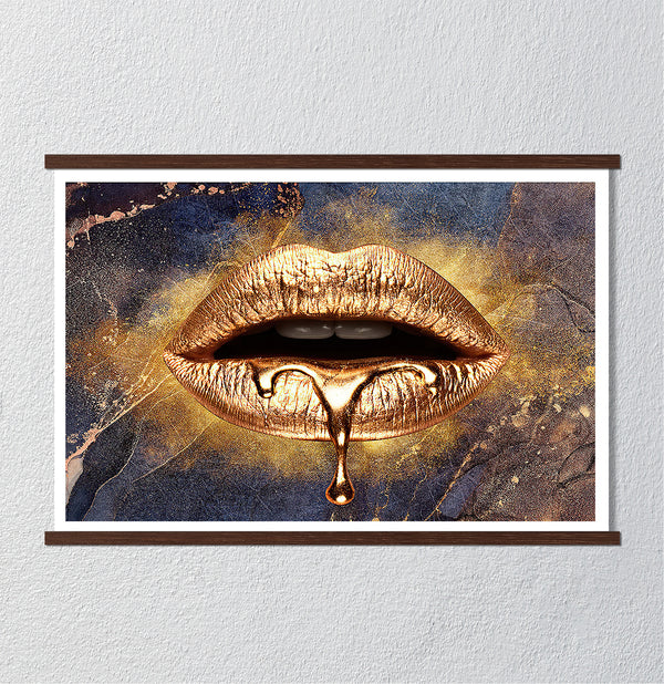 Canvas Fashion Wall Art, Golden Lips and Marble Background, Glam Wall Poster