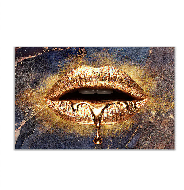 Canvas Fashion Wall Art, Golden Lips and Marble Background, Glam Wall Poster