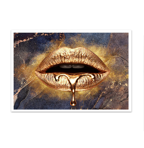 Canvas Fashion Wall Art, Golden Lips and Marble Background, Glam Wall Poster