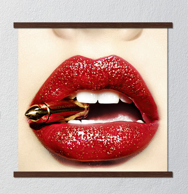 Canvas Fashion Wall Art, Bright Red Lips with Bullet, Glam Wall Poster