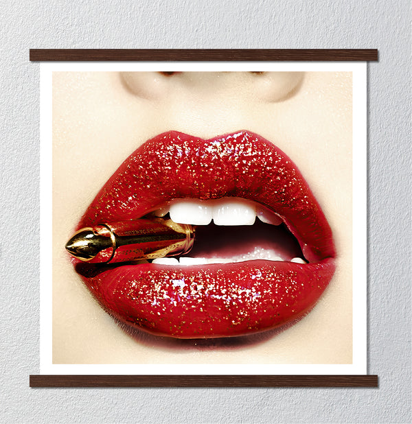 Canvas Fashion Wall Art, Bright Red Lips with Bullet, Glam Wall Poster