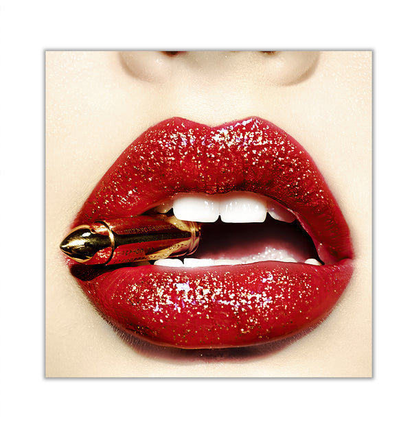 Canvas Fashion Wall Art, Bright Red Lips with Bullet, Glam Wall Poster