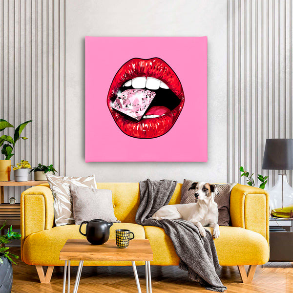 Canvas Fashion Wall Art, Bright Red Lips with Diamond, Glam Wall Poster