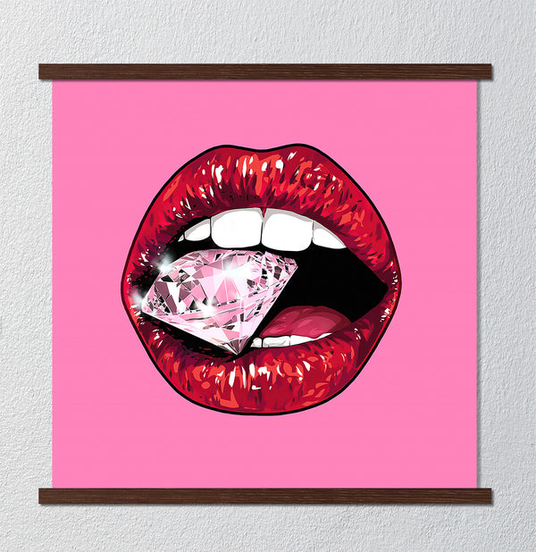 Canvas Fashion Wall Art, Bright Red Lips with Diamond, Glam Wall Poster