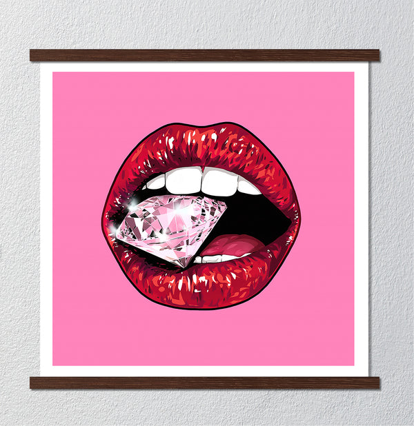 Canvas Fashion Wall Art, Bright Red Lips with Diamond, Glam Wall Poster