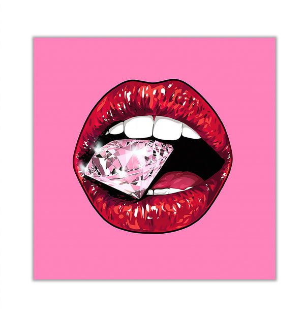 Canvas Fashion Wall Art, Bright Red Lips with Diamond, Glam Wall Poster