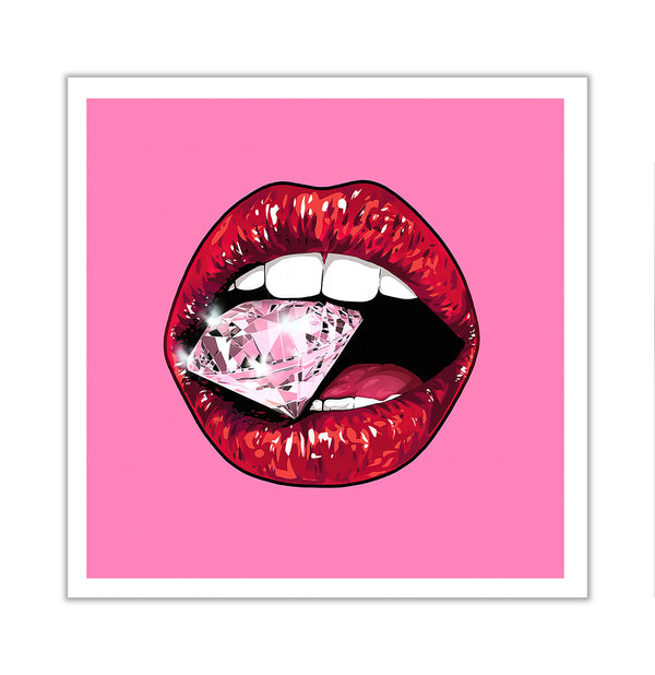 Canvas Fashion Wall Art, Bright Red Lips with Diamond, Glam Wall Poster