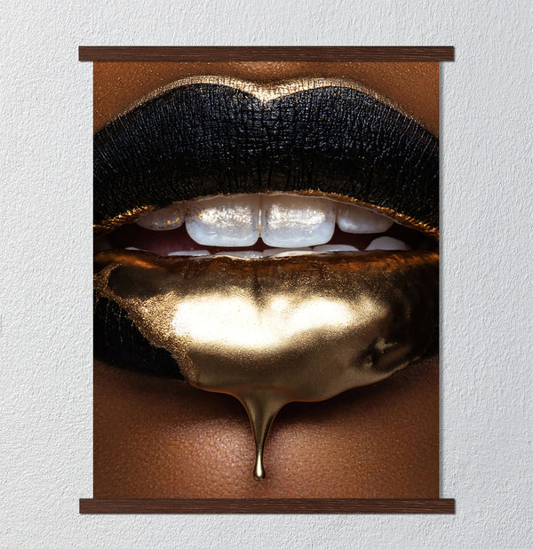 Canvas Fashion Wall Art, Golden Lips with Golden Splash, Glam Wall Poster