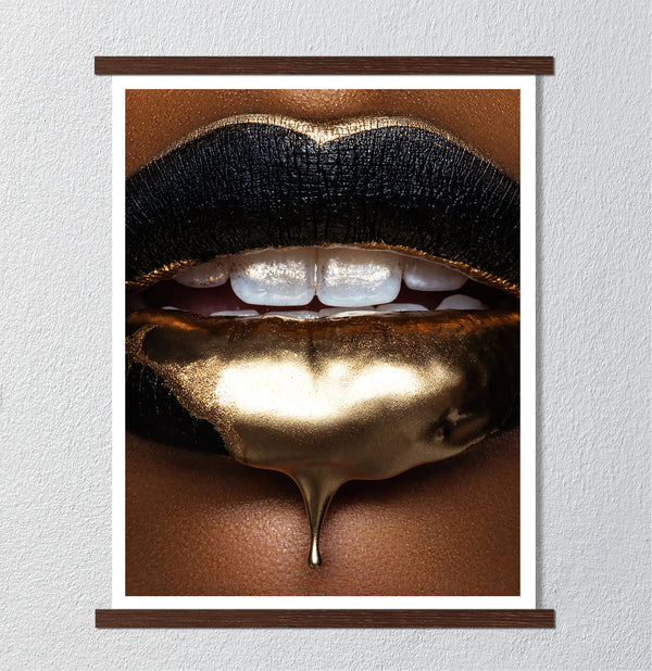 Canvas Fashion Wall Art, Golden Lips with Golden Splash, Glam Wall Poster