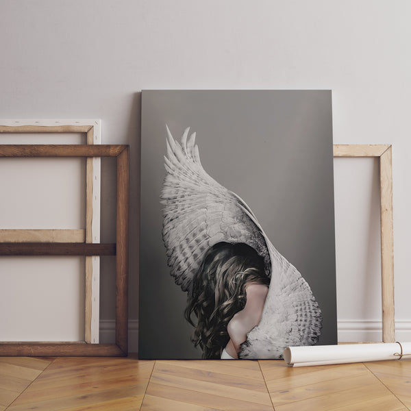 Canvas Fashion Wall Art, Mystical Girl & White Wings, Glam Wall Poster