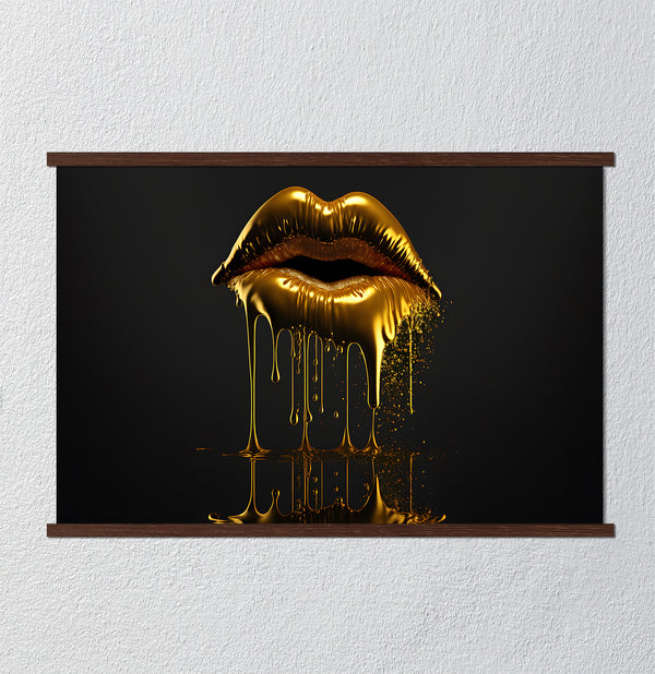 Canvas Fashion Wall Art, Golden Liquid Lips, Glam Wall Poster