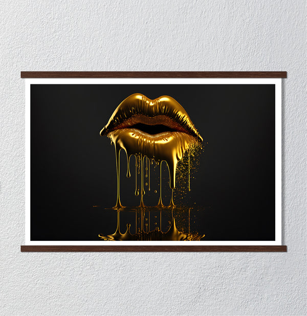 Canvas Fashion Wall Art, Golden Liquid Lips, Glam Wall Poster