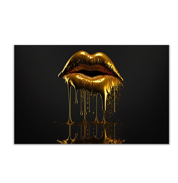 Canvas Fashion Wall Art, Golden Liquid Lips, Glam Wall Poster