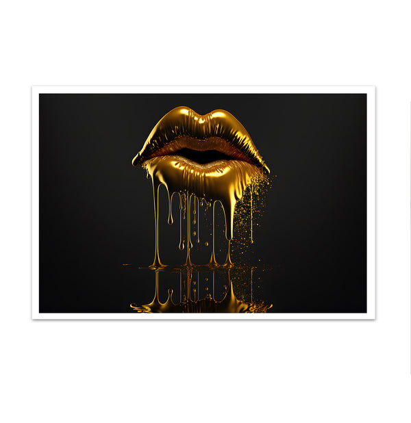 Canvas Fashion Wall Art, Golden Liquid Lips, Glam Wall Poster