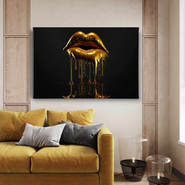 Canvas Fashion Wall Art, Golden Liquid Lips, Glam Wall Poster