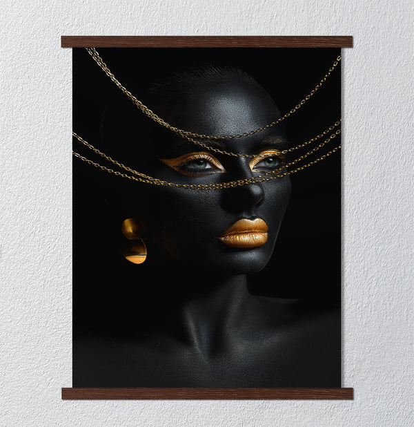 Canvas Fashion Wall Art, Black Skin Color Body Art Gold Jewelry, Glam Wall Poster