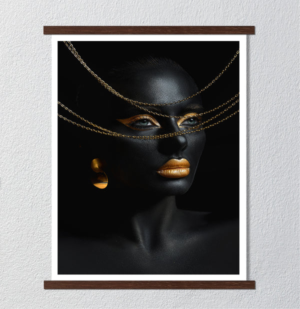 Canvas Fashion Wall Art, Black Skin Color Body Art Gold Jewelry, Glam Wall Poster