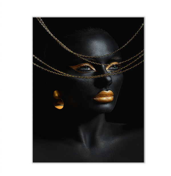 Canvas Fashion Wall Art, Black Skin Color Body Art Gold Jewelry, Glam Wall Poster