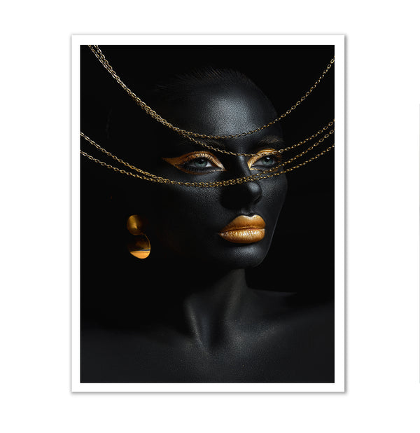 Canvas Fashion Wall Art, Black Skin Color Body Art Gold Jewelry, Glam Wall Poster